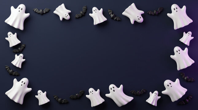 A festive helloween boder featuring cute white ghost decorations arranged on a dark black background for seasonal party invitations
