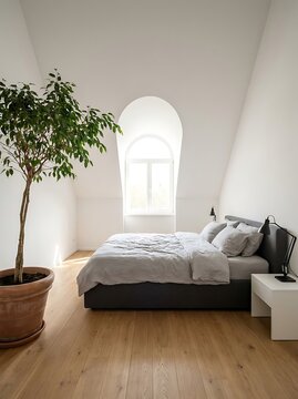 Minimalist attic bedroom interior with white walls, arched window, comfortable bed with gray linen bedding, black reading lamp, and large potted tree in terracotta pot