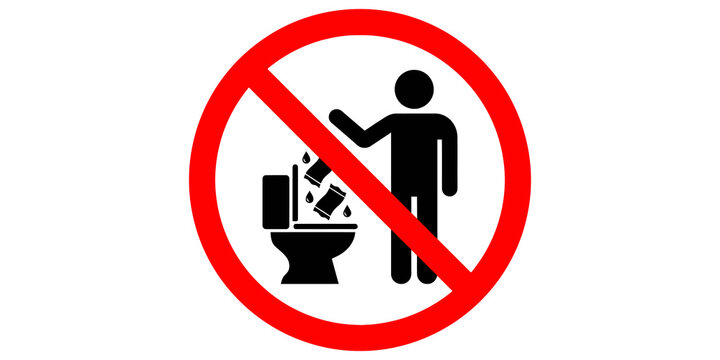 Prohibited flushing sanitary waste sign icon with black silhouette person discarding trash into toilet bowl for plumbing policy.
