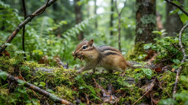 Chipmunk Gathering Food in a Mossy Forest: A tiny chipmunk with a full cheek of nuts scurries across a moss-covered fallen log in a lush, green forest, surrounded by ferns and damp woodland greenery.