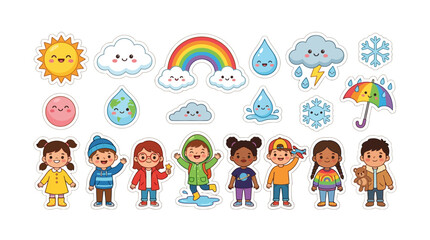 Naklejka premium Cute Kawaii Style Weather Elements and Happy Children Collection Sticker Set for Educational Activities and Creative Classroom Projects