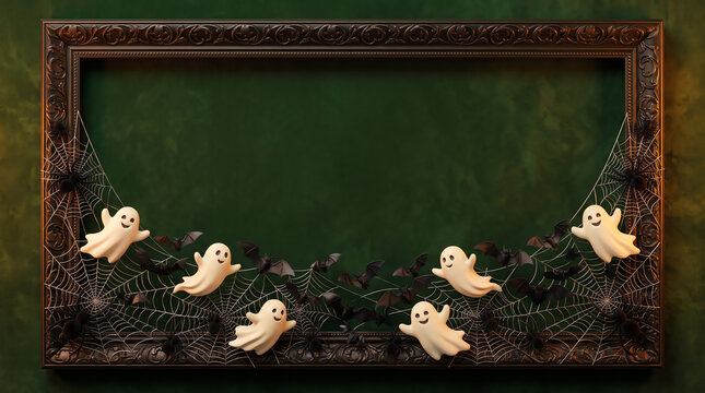A festive helloween boder featuring cute cartoon ghosts and dark ornate frame elements for seasonal holiday design projects