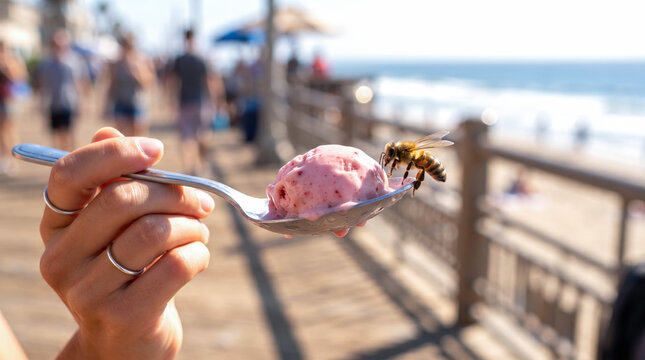 Bee Hovering Near Scoop of Strawberry Ice Cream on Ocean Boardwalk