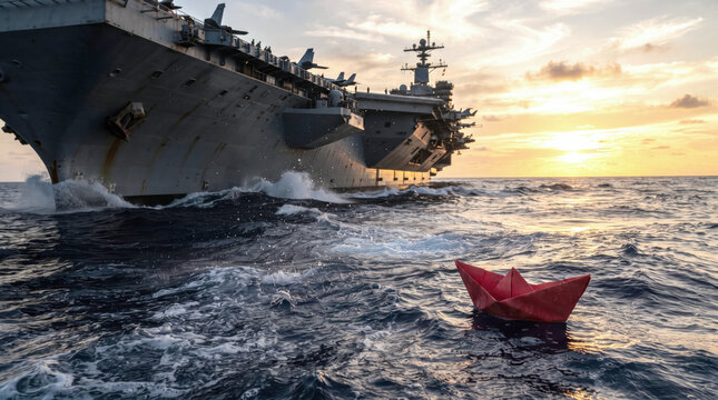Small Red Origami Boat Floating Near Massive Aircraft Carrier at Sunset