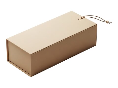 Minimalist rectangular beige gift box with a simple leather tie closure