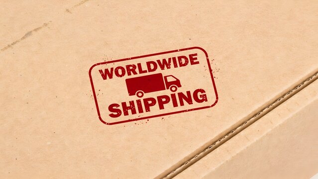 Red worldwide shipping stamp on a cardboard box