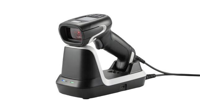 Wireless barcode scanner on charging dock, handheld laser QR code reader for retail and warehouse, black industrial scanning device