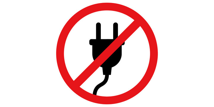 Forbidden electrical plug sign features red circle with slash and black power connector icon for facility maintenance and safety.