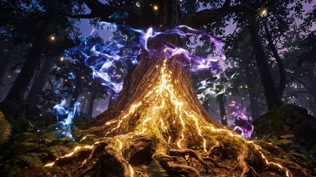 Ancient glowing tree in magical forest with swirling elemental energy