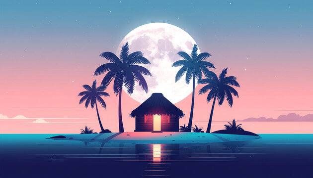 Minimalist Tropical Island Hut Under Full Moon Night Illustration