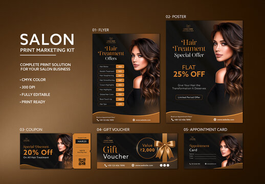 Editable Salon Print Marketing Kit with Hair Treatment Offer Flyer Poster and Coupon Set.