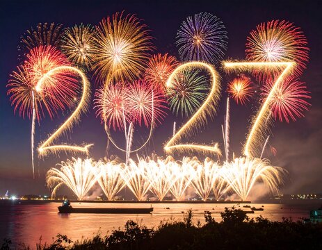 Spektakul&auml;res Feuerwerk am Nachthimmel zum Jahreswechsel 2027 f&uuml;r festliche Neujahrs- und Silvestergr&uuml;&szlig;e 