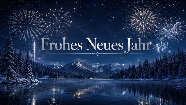 New year fireworks over snowy mountain lake