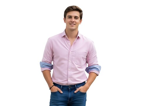 A young man wearing a light pink shirt and blue jeans posing confidently