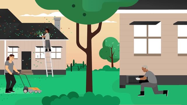 2D animation of people mowing lawn and doing home maintenance outside a suburban house property care concept