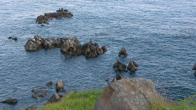 岩が点在する海を見下ろした風景。