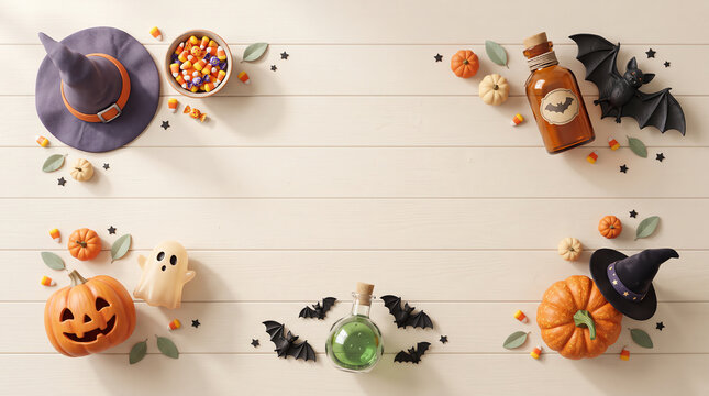 Festive helloween boder featuring pumpkins bats and witch hats on a rustic white wooden background for seasonal decorations