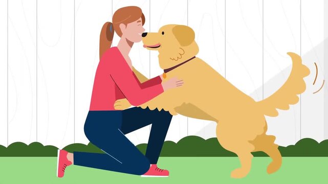 2D animation side view of a woman kneeling and embracing her happy golden retriever dog pet affection concept