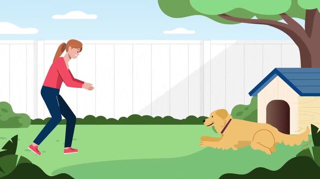 2D animation of a young girl playing with her golden retriever dog in a green backyard pet care concept