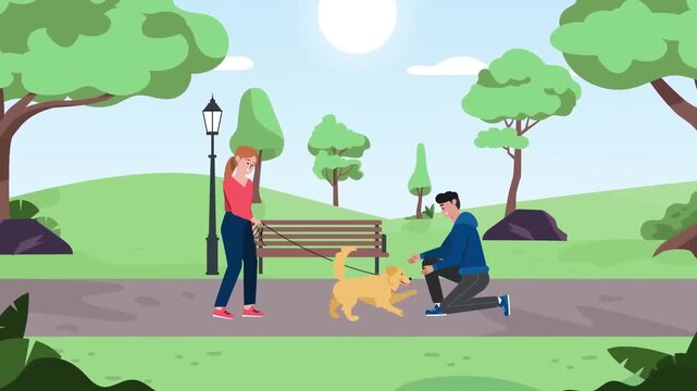2D animation of a man and woman walking their dogs along a path in a sunny green public park leisure concept
