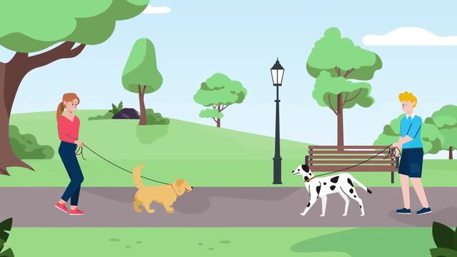2D animation of people walking their pets along a paved park path surrounded by green trees outdoor activity