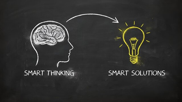 Chalkboard illustration depicting smart thinking leading to smart solutions with a human head, brain, and glowing lightbulb