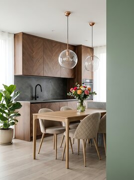 Contemporary kitchen and dining area with warm wood herringbone cabinets, sleek pendant lighting, and beige upholstered chairs around a wooden table