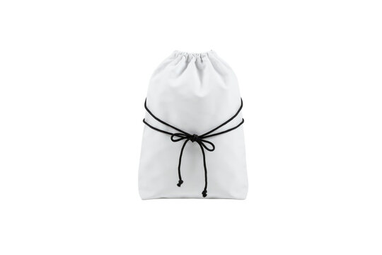 Plain white fabric drawstring bag with thin black cord ties for storage isolated on a transparent background