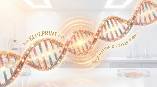 Abstract glowing DNA double helix structure representing genetic code, blueprint and information dictating form in a modern science laboratory setting