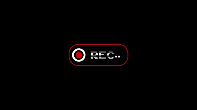 camera recording screen overlay icon animation, REC text, camera recorder streaming frame blink video footage. Camera recording button sign on black background.