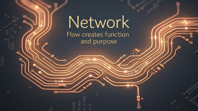 Abstract glowing orange circuit board lines forming a network path, symbolizing data flow, technology, and connectivity