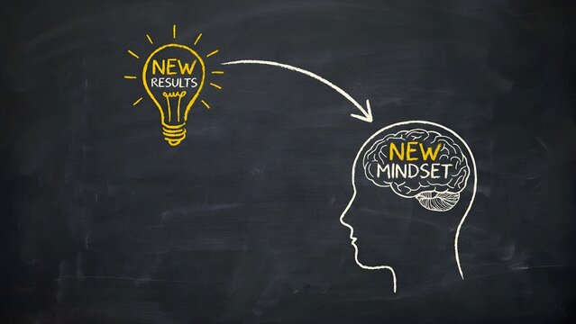 Conceptual chalk drawing on black board illustrating the transition from a new mindset to new results with a glowing lightbulb and human head silhouette