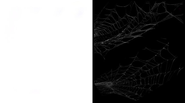 Spooky spider web illustration set, white cobweb textures on black background, creepy gothic design elements for Halloween decor