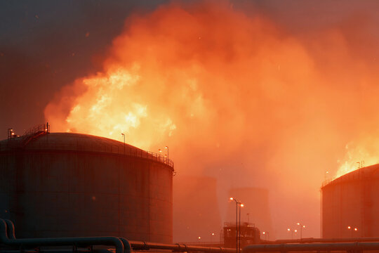 Intense fire erupts from industrial storage tanks. Orangish glow illuminates the night sky. Smoke billows into surrounding air. Silhouettes of large tanks stand starkly against flame
