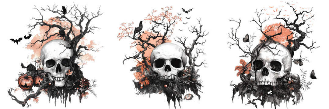 Set of Detailed hand drawn sheep skull with curved horns on transparent background. Ai generated