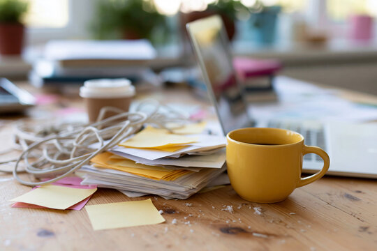 Cozy workspace holds chaos and calm. Yellow mug steams beside tangled wires. Stacks of papers, sticky notes, laptop, and coffee. Sunlight filters through window, casting gentle glow