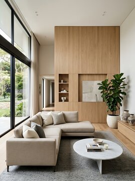 Modern luxury living room interior featuring large floortoceiling glass windows, light wood panel feature wall, sectional sofa, and round marble coffee table