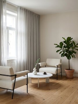 Minimalist living room interior featuring two cream white armchairs, a white marble coffee table, sheer curtains, and a potted plant