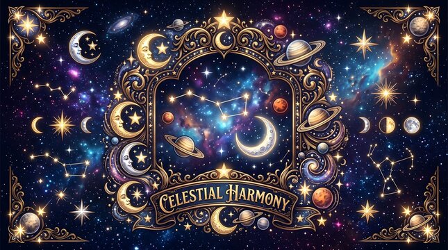 Decorative ornate celestial frame with moon and stars
