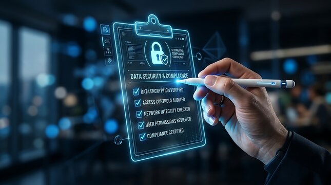 Data security and compliance checklist being verified by a hand using a futuristic stylus