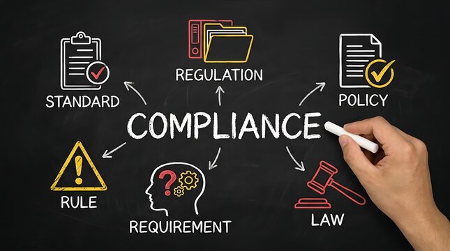 Compliance concept with chalk drawings on blackboard: rules, standards, policy, law, regulation, requirements