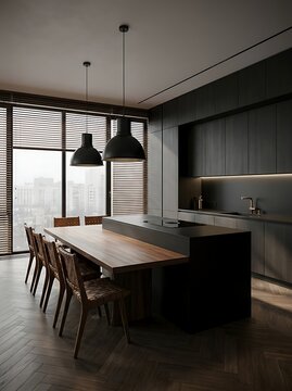Contemporary dark kitchen interior with black island, wooden dining table, leather chairs, and large window with blinds overlooking the city