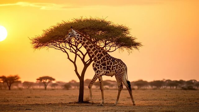 Majestic giraffe feeding from an acacia tree in the golden African savanna at sunset