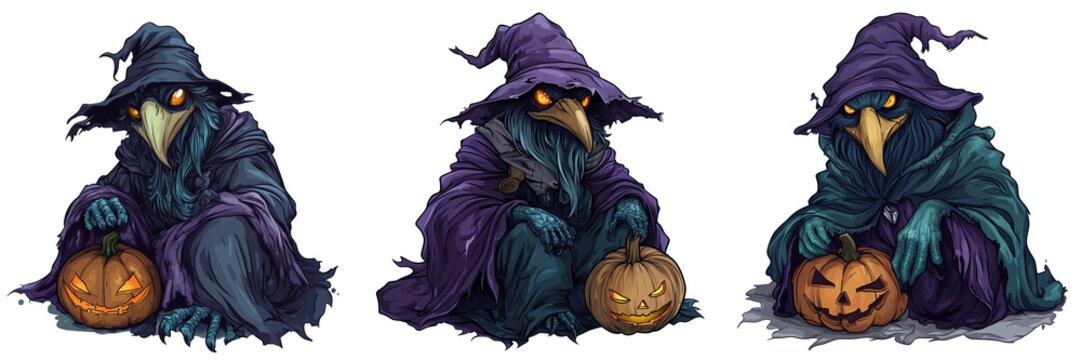 Set of Elderly wizard with a long white beard and traditional pointed hat on transparent background. Ai generated