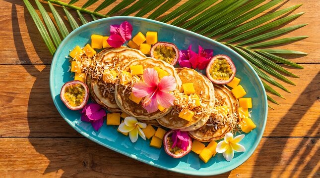 Coconut Flour Tropical Pancakes with Mango and Passion Fruit
