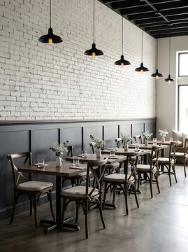 Modern industrial restaurant interior with exposed white brick wall, dark wainscoting, wooden tables, crossback chairs, and hanging pendant lights