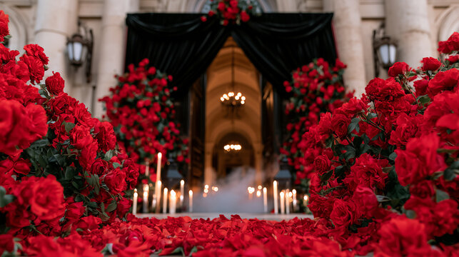 Elegant Entrance Decorated for a Dramatic Vampire Ball with Red Roses and Flickering Candles