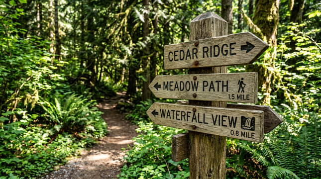 Forest signpost directing to Cedar Ridge, Meadow Path, Waterfall View