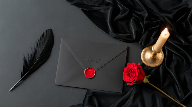Elegant Vampire Ball Invitation Set with Black Envelope Wax Seal Rose and Vintage Quill Pen