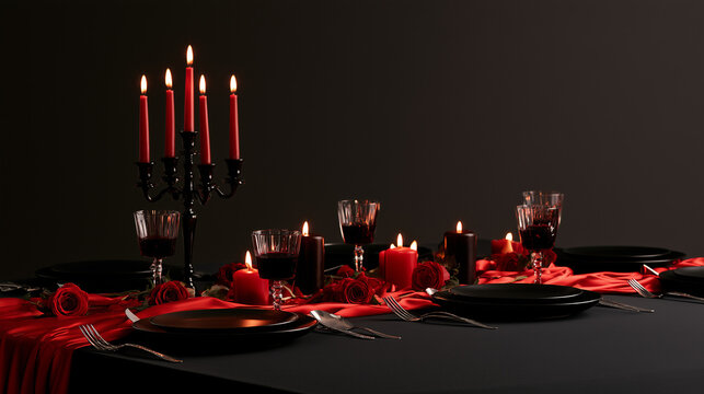 Elegant Vampire Ball Formal Table Setting With Red Candles And Dark Gothic Romantic Accents